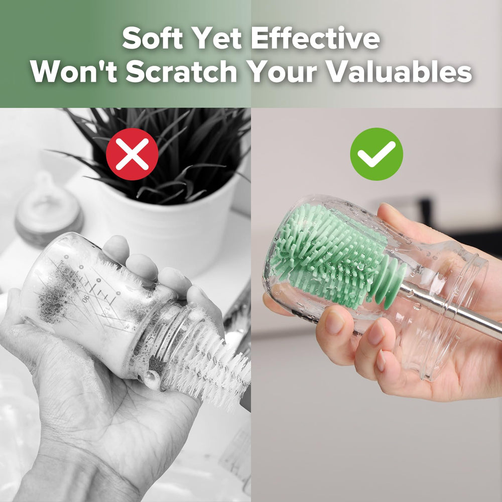 Haakaa soft silicone brush heads are flexible and gentle.