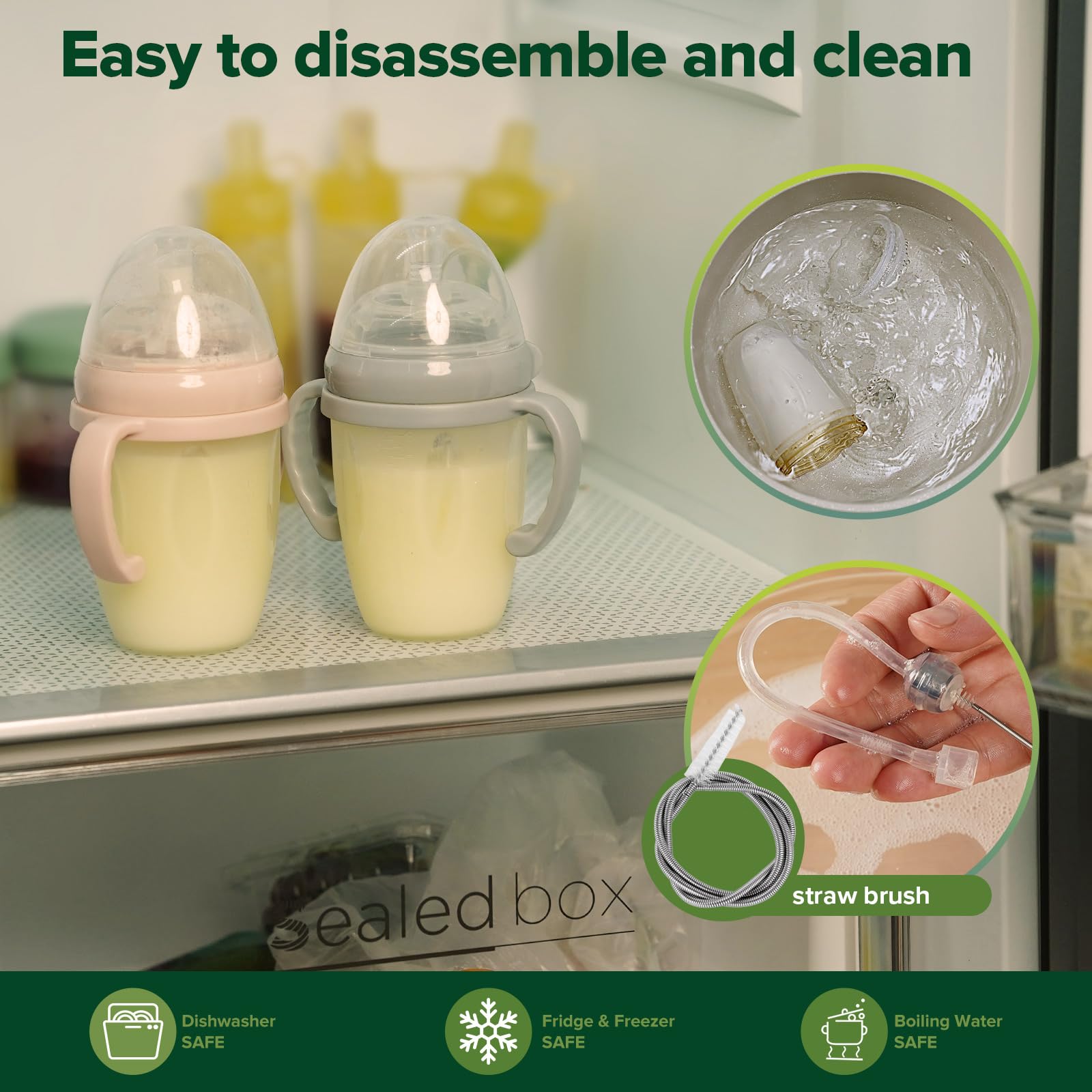 Haakaa straw brush included helps thorough cleaning between uses.