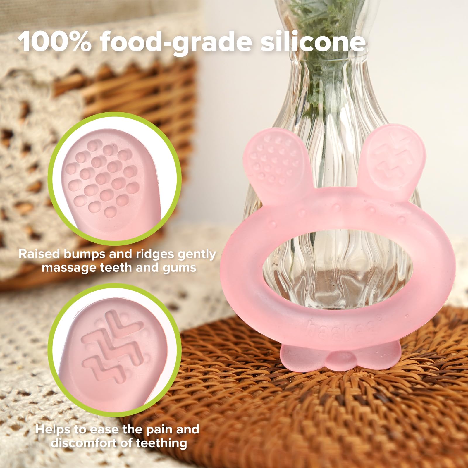 Haakaa teether features ridged ears for gum massage