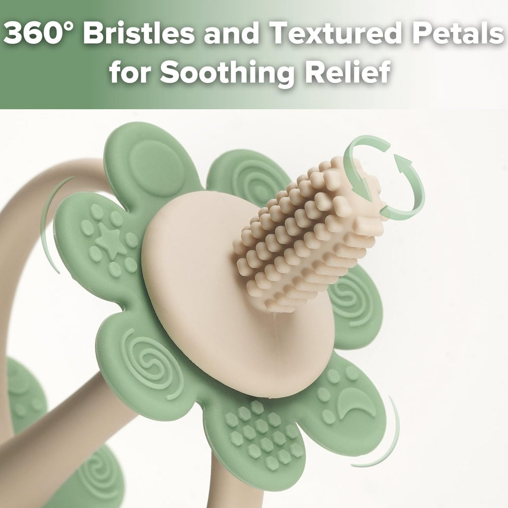 haakaa twin flower teether in pea green for soothing play