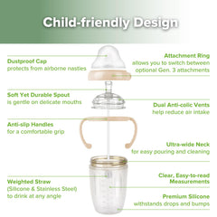 Haakaa peach cup anti-leak lid reduces spills during travel and play.