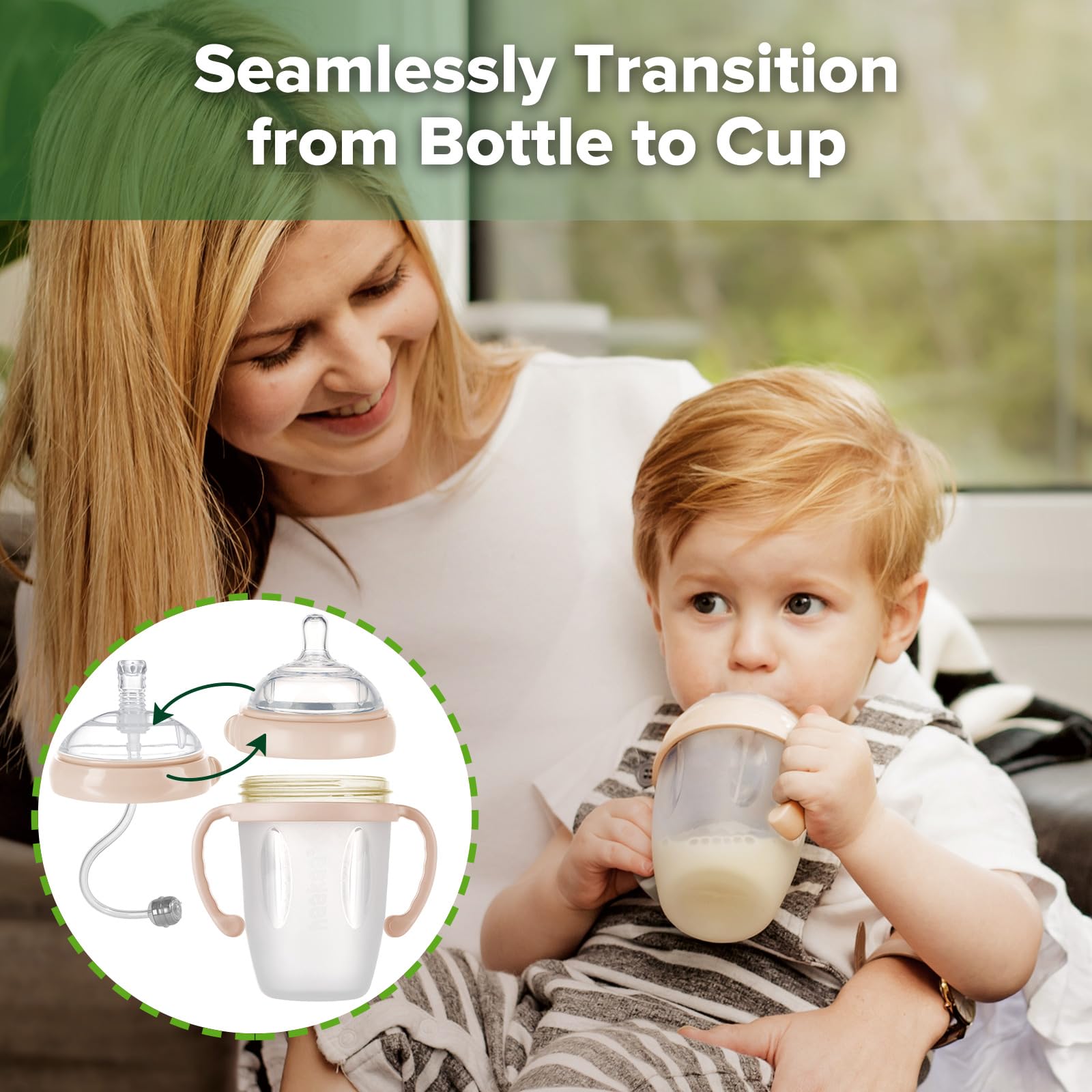 Haakaa peach cup with removable handle supporting growing toddlers' independence.