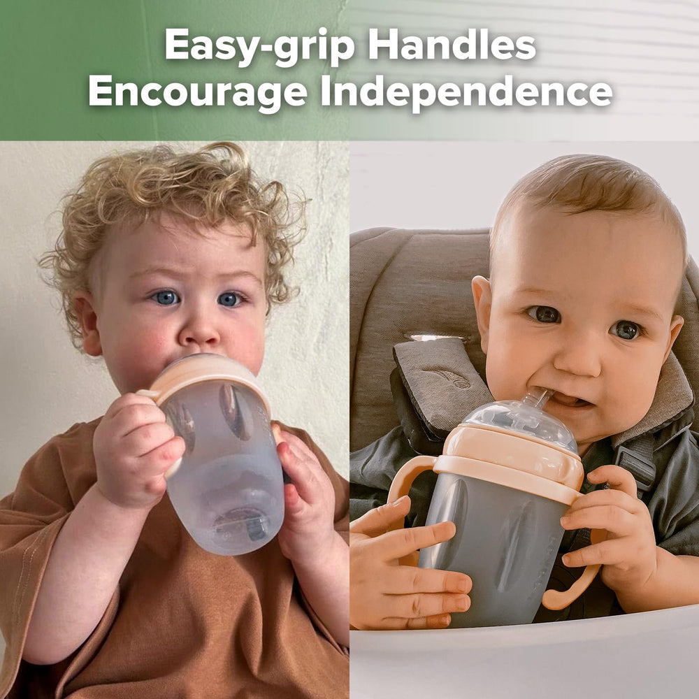 Haakaa peach cup weighted base for stable standing and on-the-go sipping.