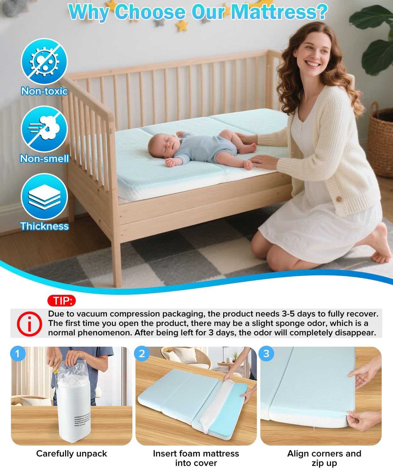 Haavookix 3-inch trifold mattress features gel memory foam layer for comfort.