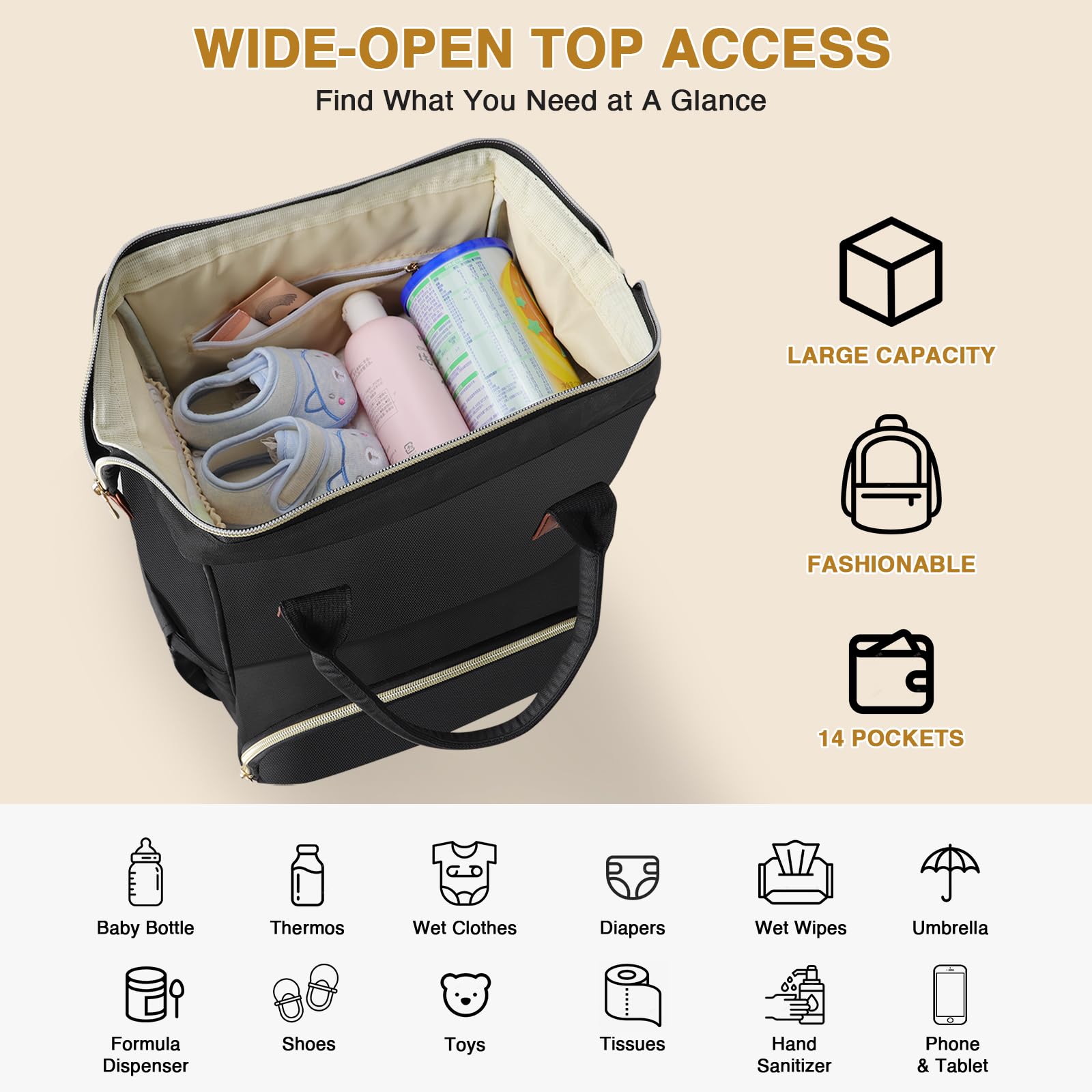 Habopet diaper bag backpack back compartment open for quick access.