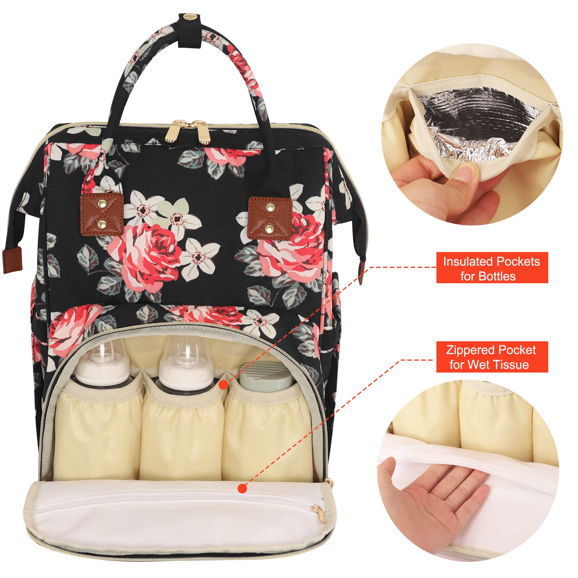 HABOPET flower diaper bag wide opening for quick access to items.