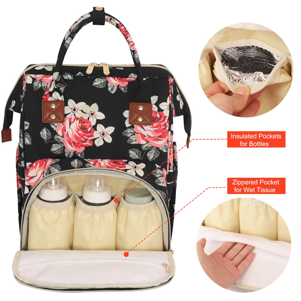 HABOPET flower diaper bag wide opening for quick access to items.
