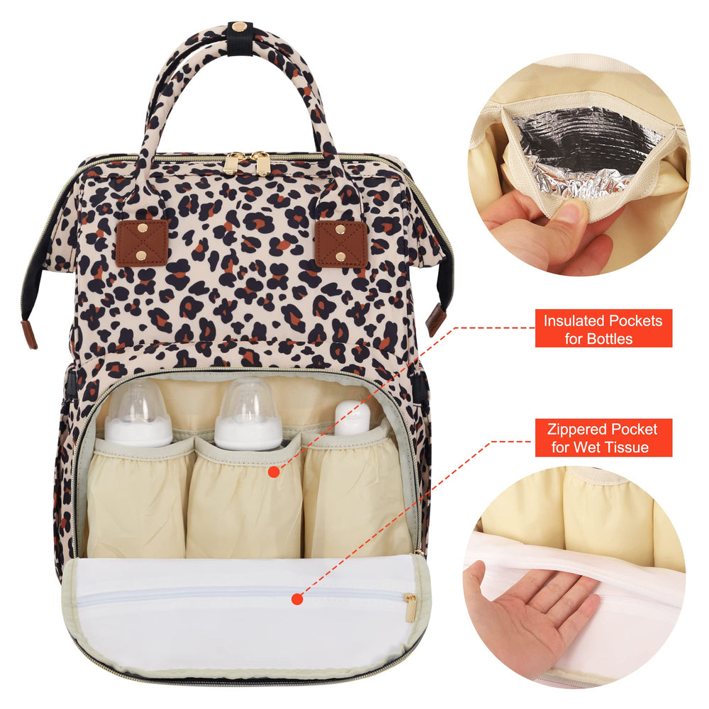 HABOPET leopard diaper bag with stroller hooks frees hands while strolling.