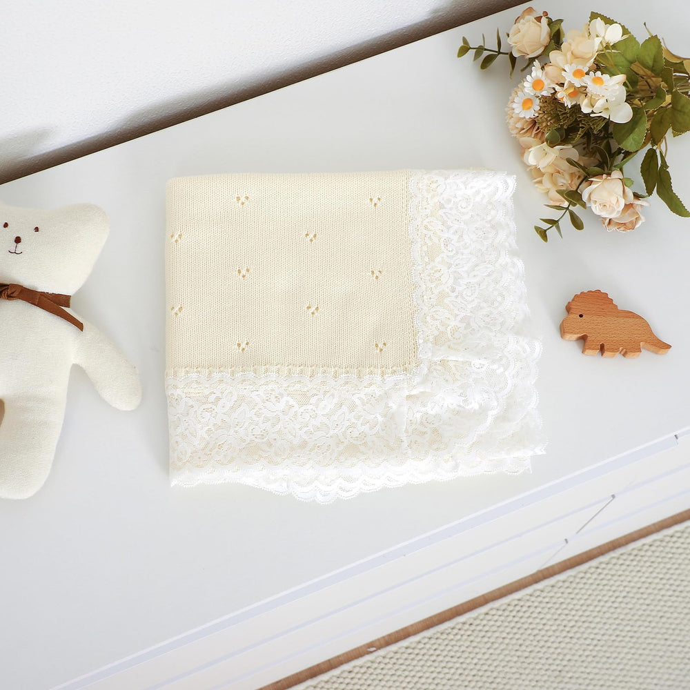 Hadetoto cotton lace knit baby blanket cream on crib reveals lightweight bedding