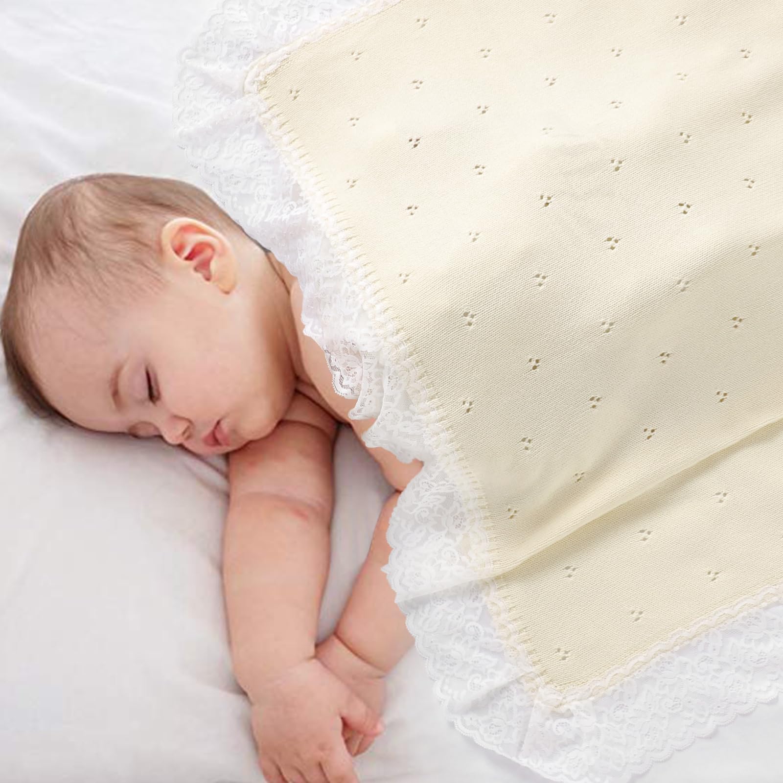 Hadetoto cotton lace knit baby blanket cream wrap demonstrates cozy warmth