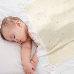 Hadetoto cotton lace knit baby blanket cream wrap demonstrates cozy warmth