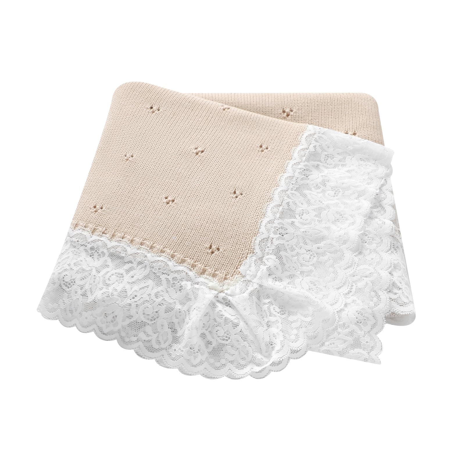 Hadetoto lace-knit baby blanket close-up in khaki, highlighting delicate pattern and softness.