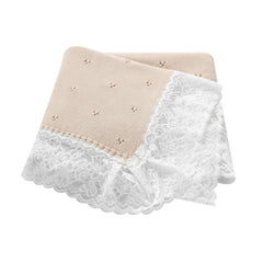 Hadetoto lace-knit baby blanket close-up in khaki, highlighting delicate pattern and softness.