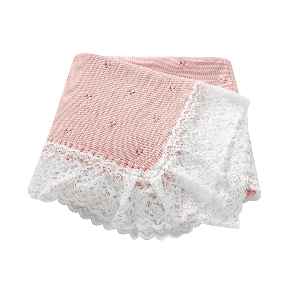 Hadetoto lace knit baby blanket pink close-up showing soft cotton texture