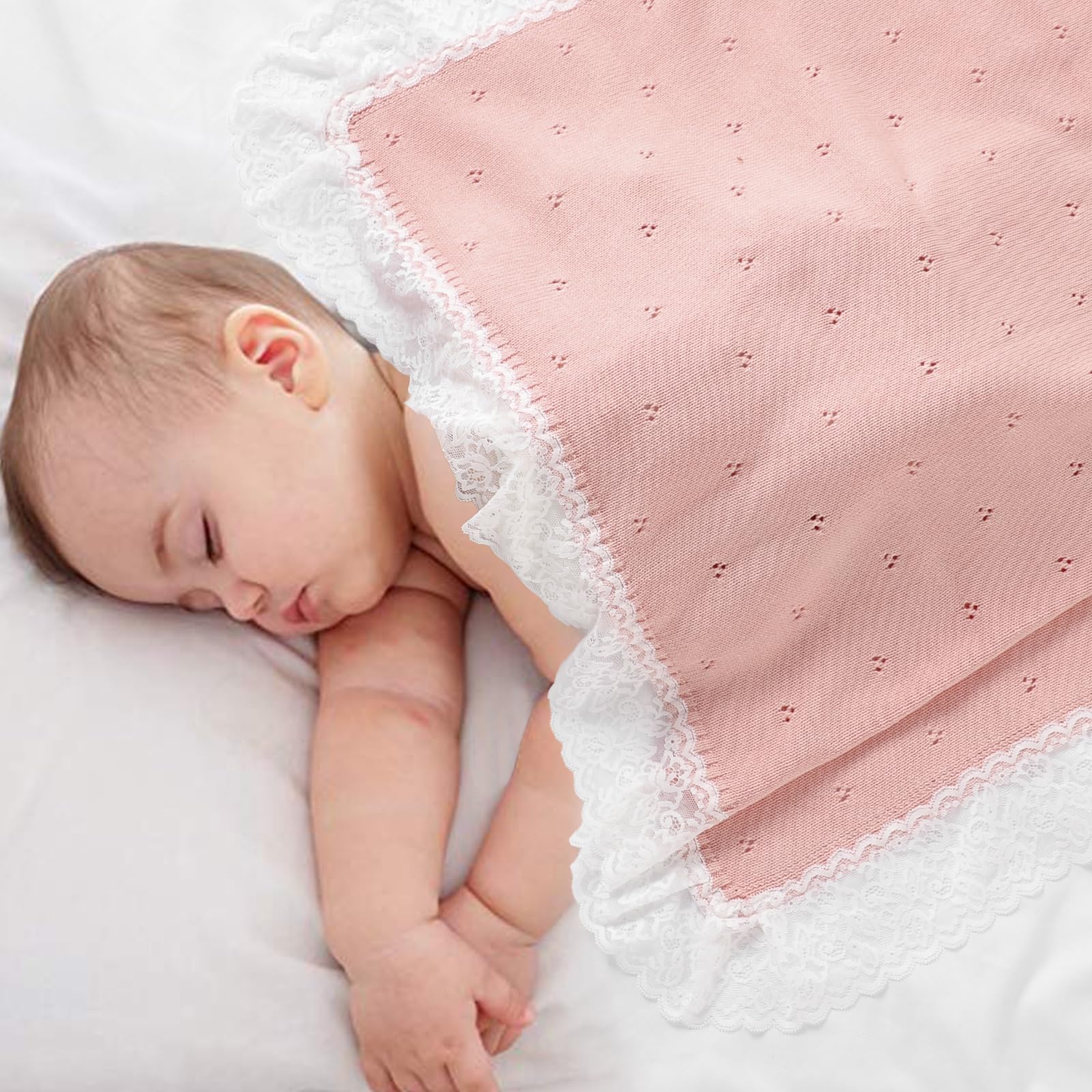 Hadetoto lace knit baby blanket pink folded for nursery display