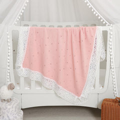 Hadetoto lace knit baby blanket pink on stroller for shade and comfort