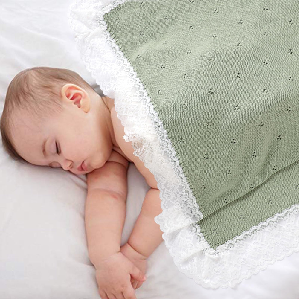 Hadetoto lace pattern baby blanket, light-green detail for nursery decor.
