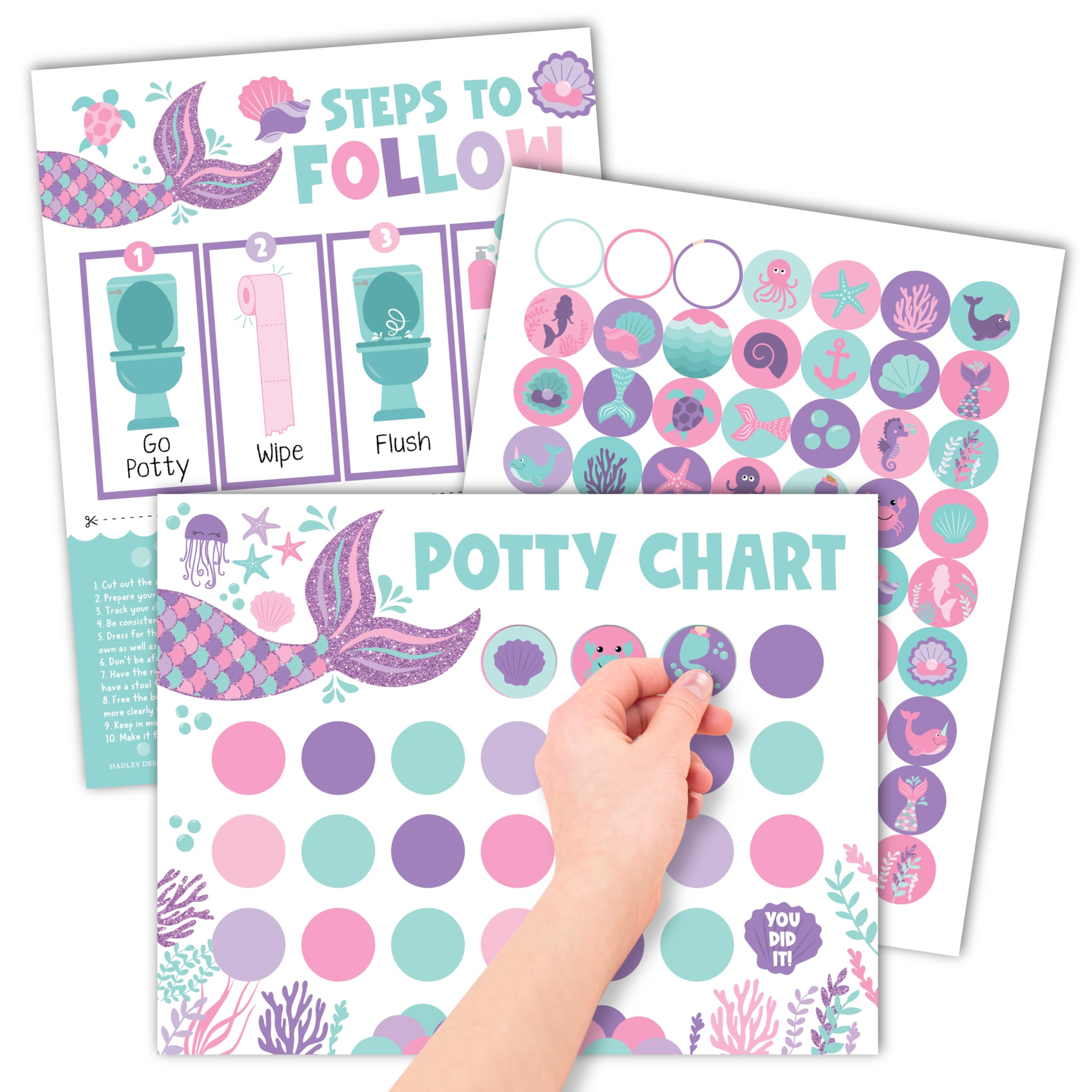 Hadley Designs mermaid posters for the potty chart motivate toddlers during toilet training.