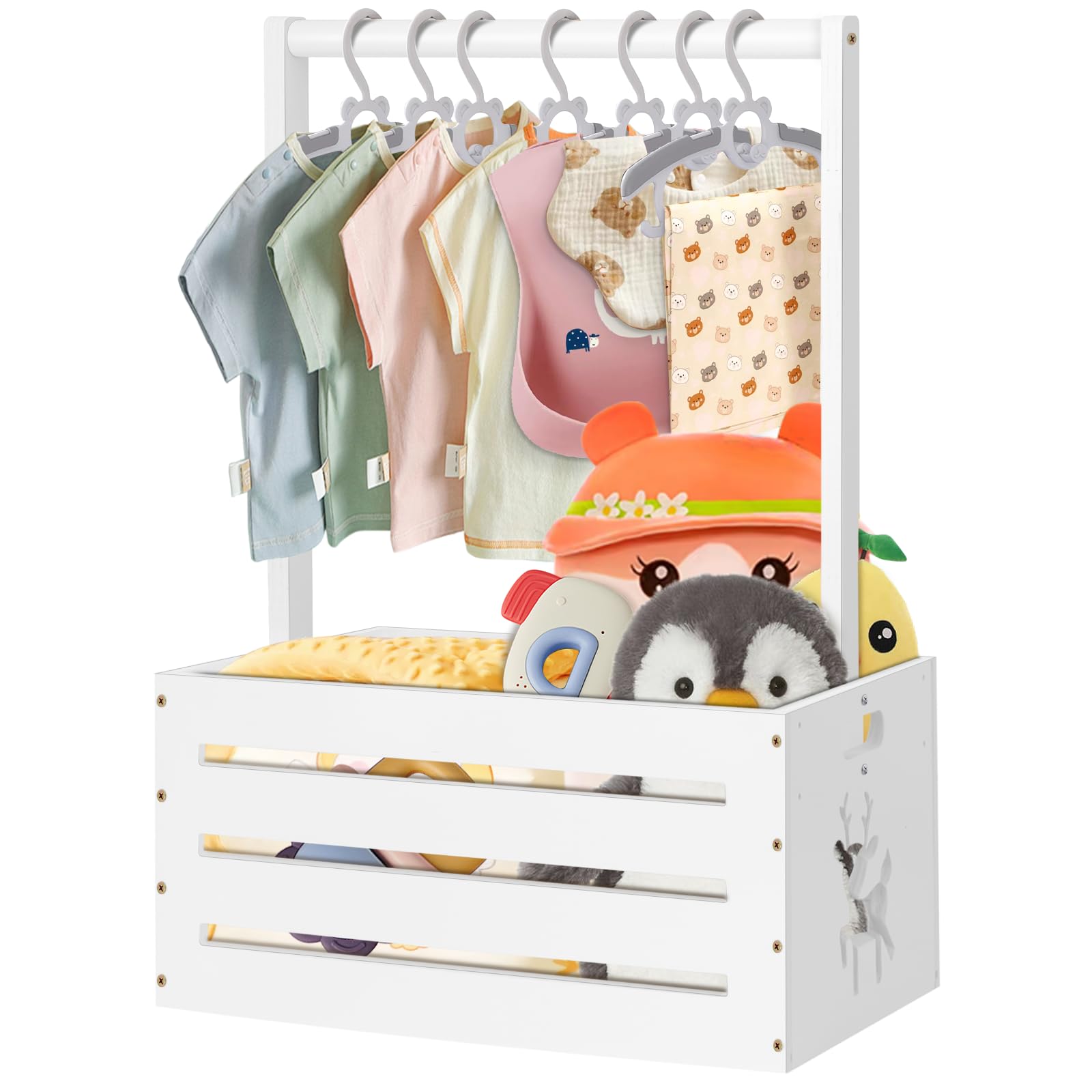 HAFTKD wooden baby shower crate closet front view for organized baby clothes.