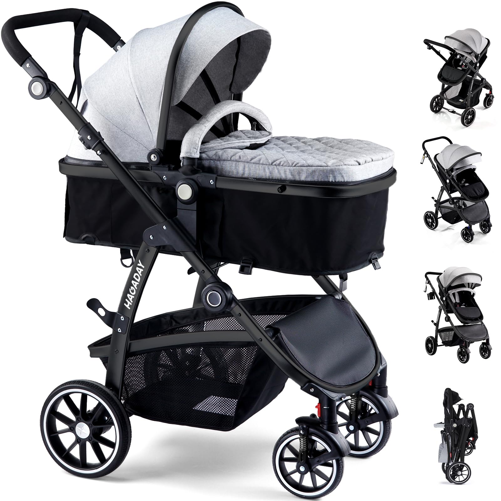 Hagaday baby stroller 2-in-1 convertible seat with reversible bassinet for face-to-face interaction.