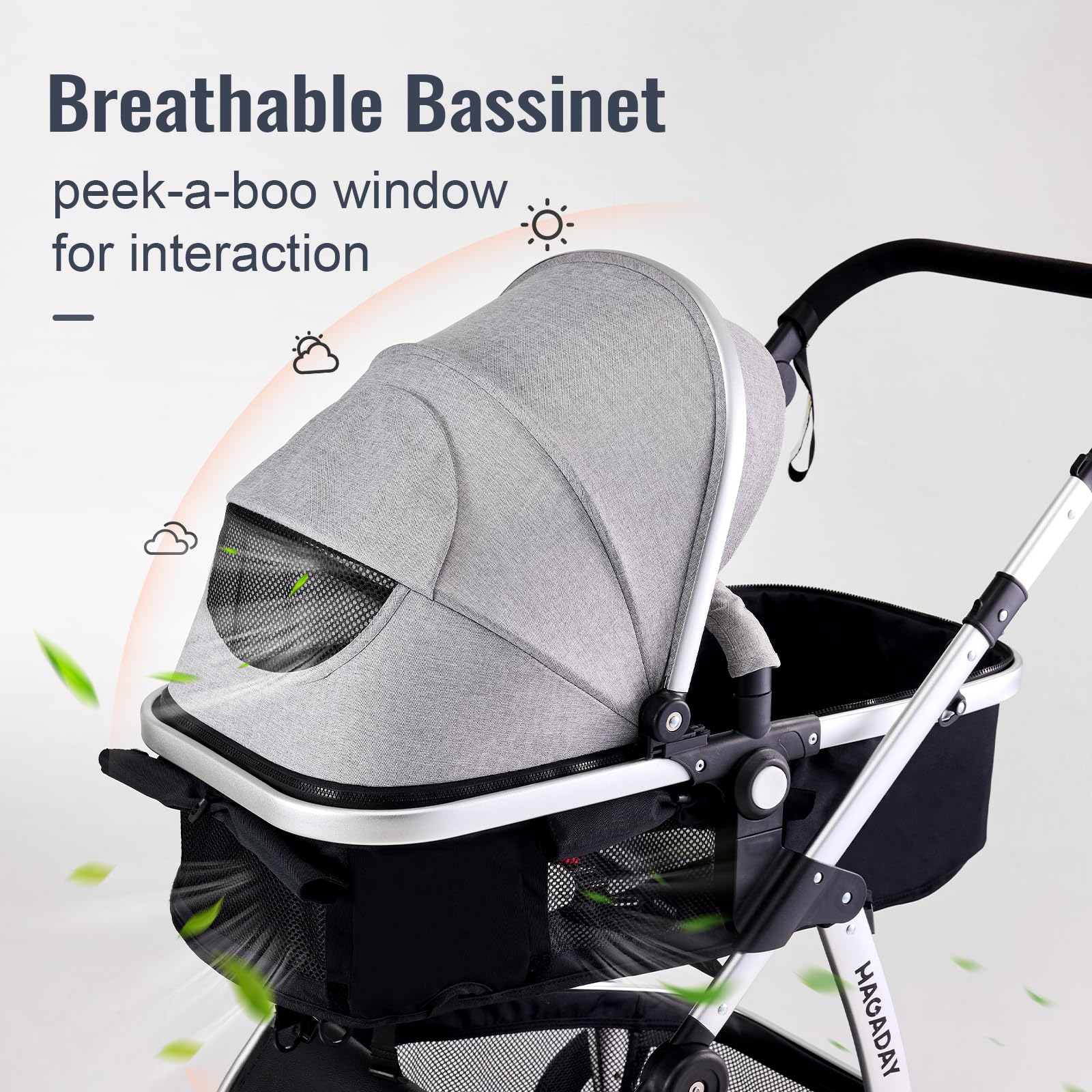 Hagaday stroller with 9-inch rear wheels absorbs shocks on rough terrain.