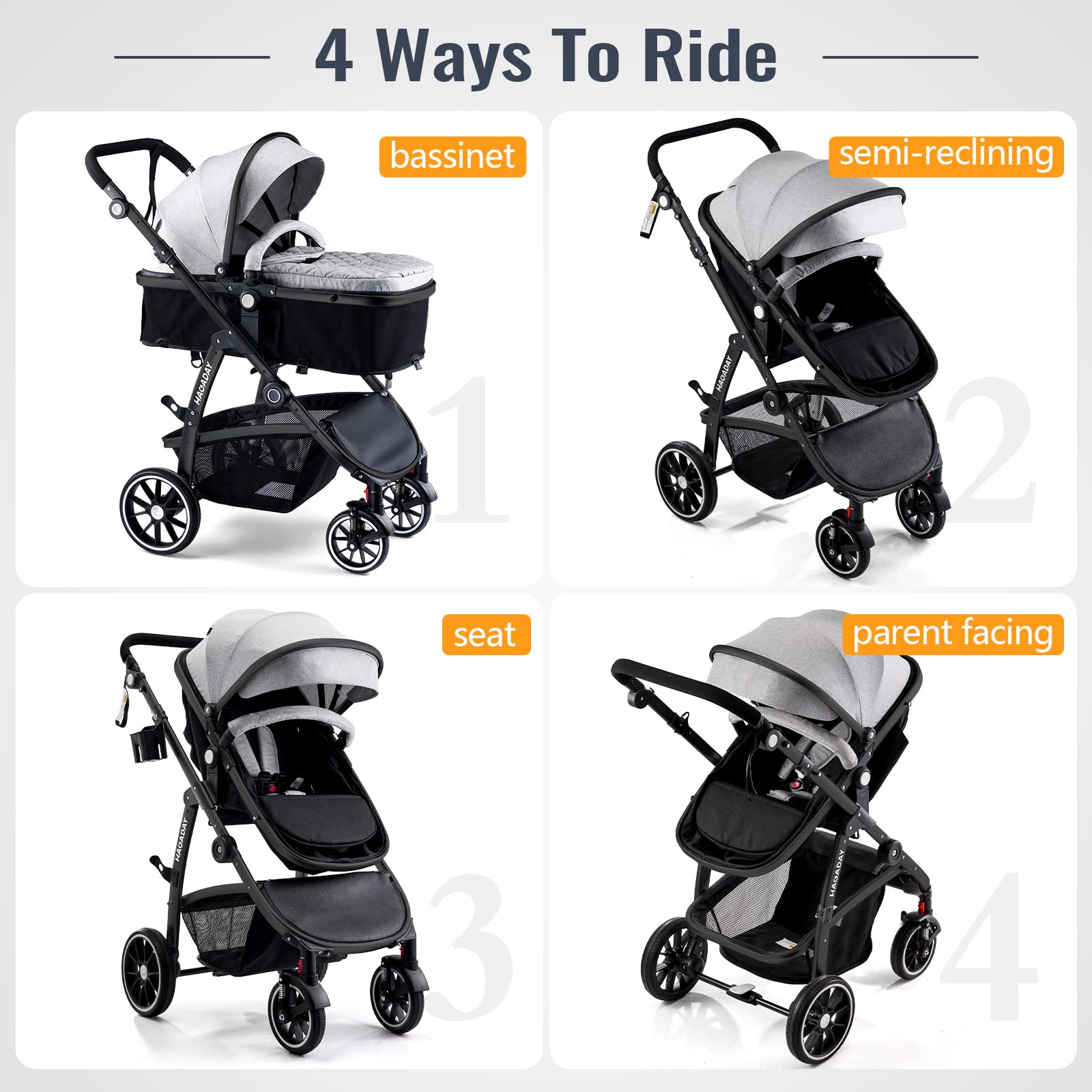 Hagaday stroller close-up of reversible bassinet for newborn bonding and convenience.