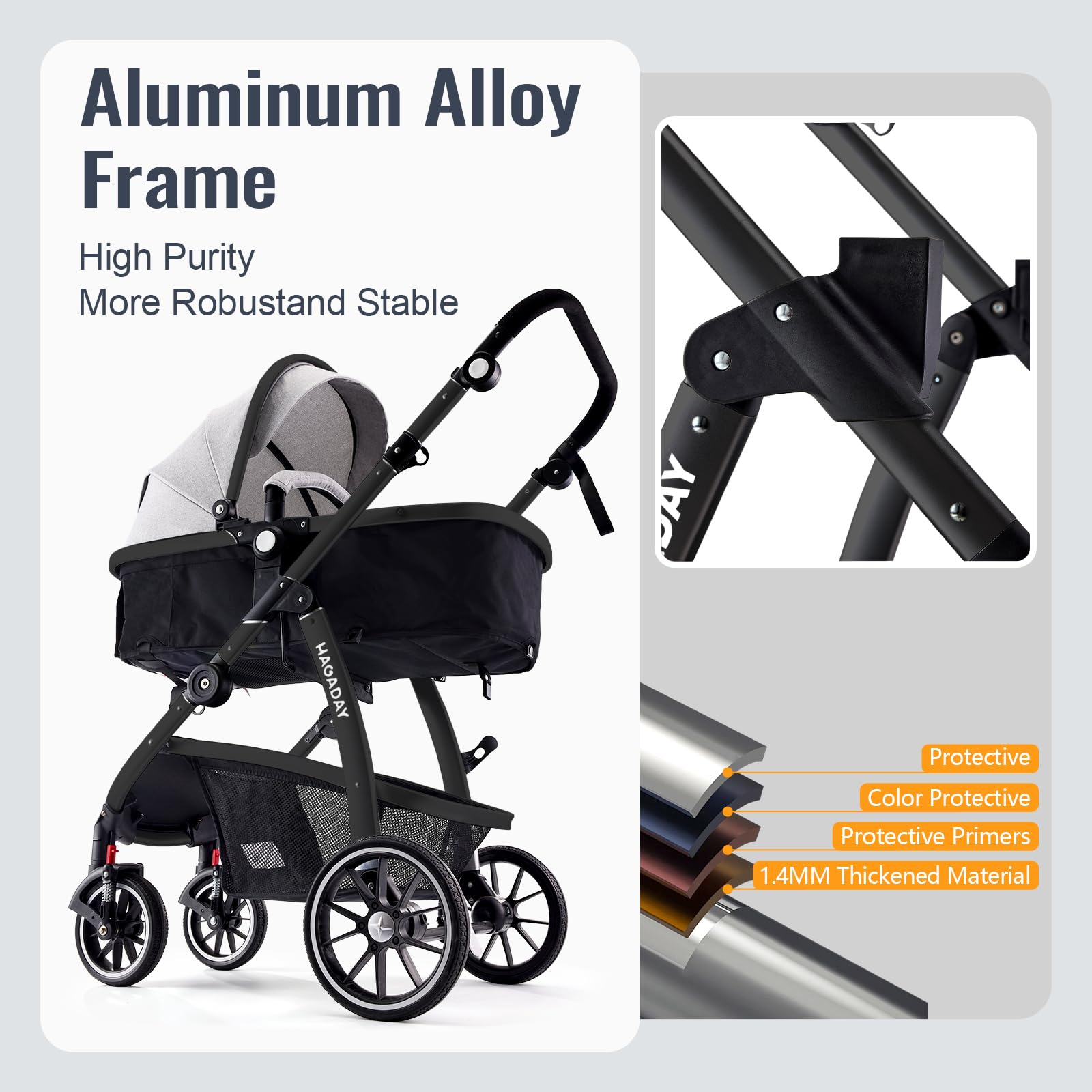 Hagaday all-terrain aluminum frame and suspension wheels for smooth rides.