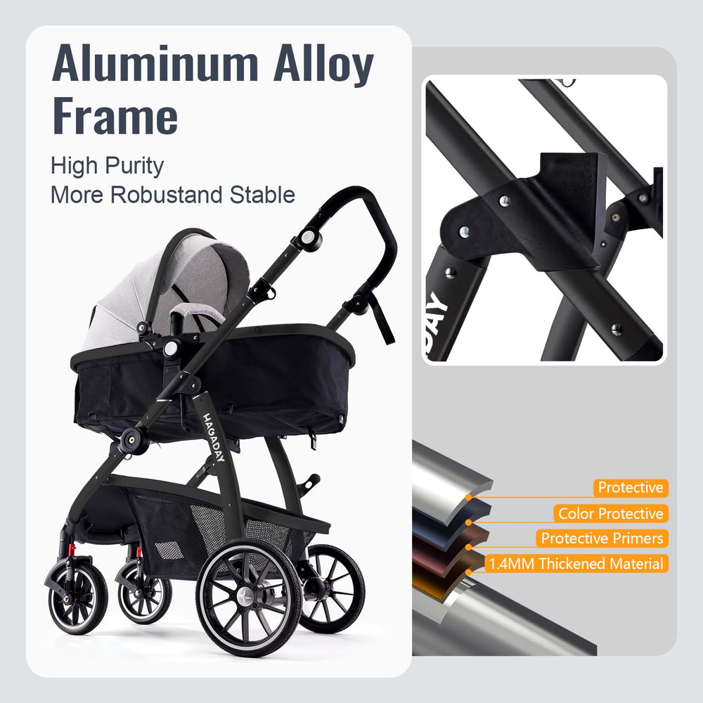Hagaday all-terrain aluminum frame and suspension wheels for smooth rides.