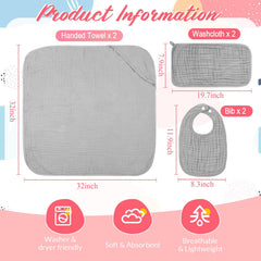 Hahafelt light gray muslin hooded towel; warm post-bath wrap for babies