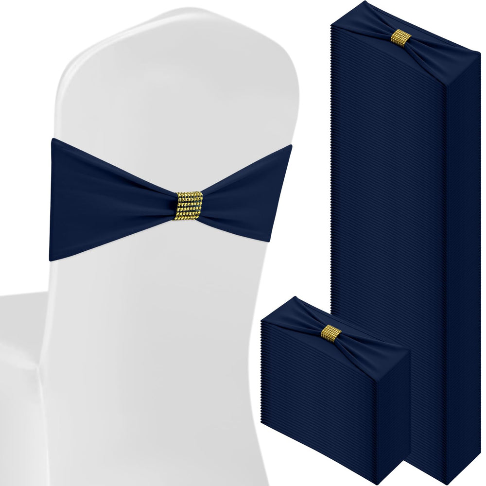 Hahafelt navy blue spandex chair sashes designed for elegant weddings and events.