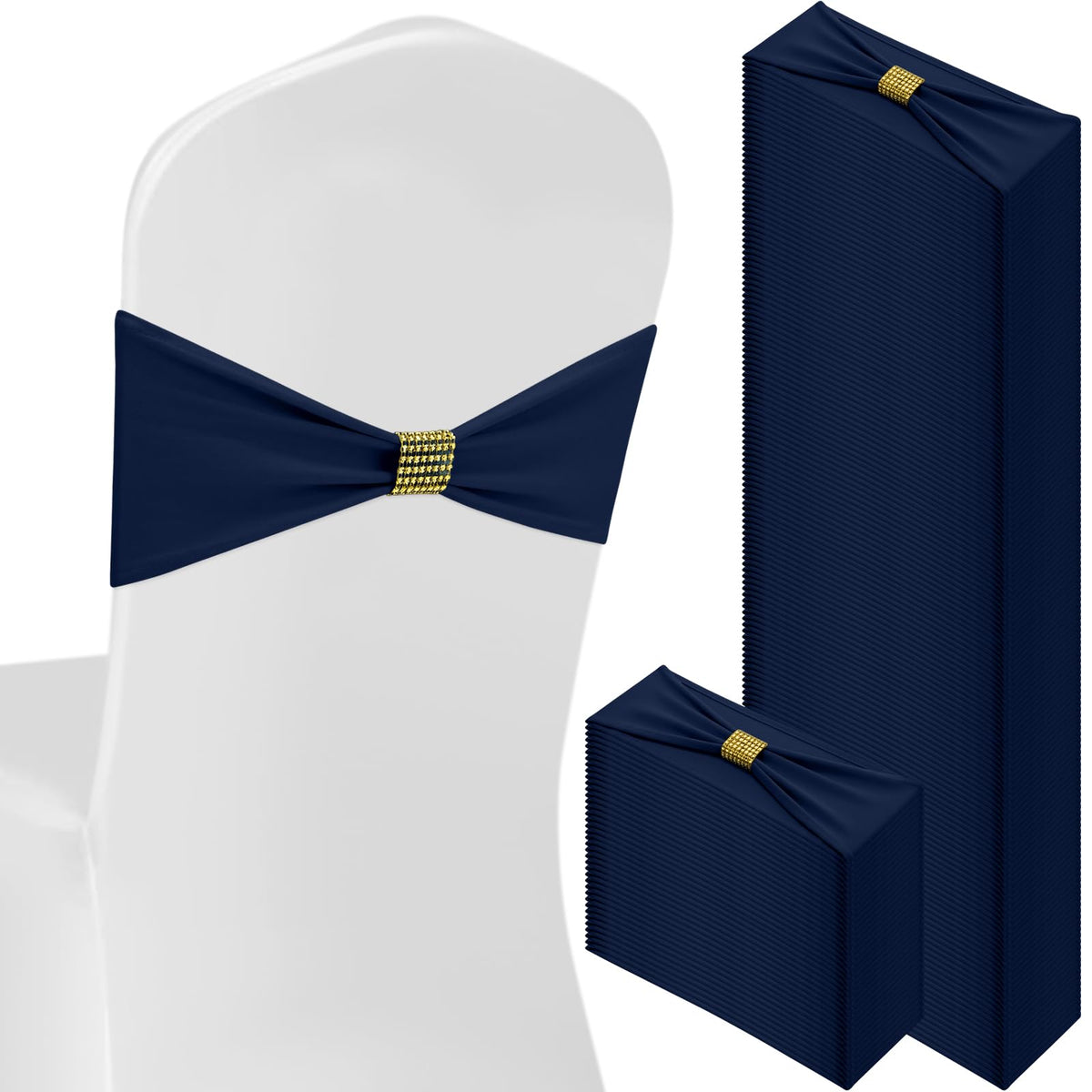 Hahafelt navy blue spandex chair sashes designed for elegant weddings and events.