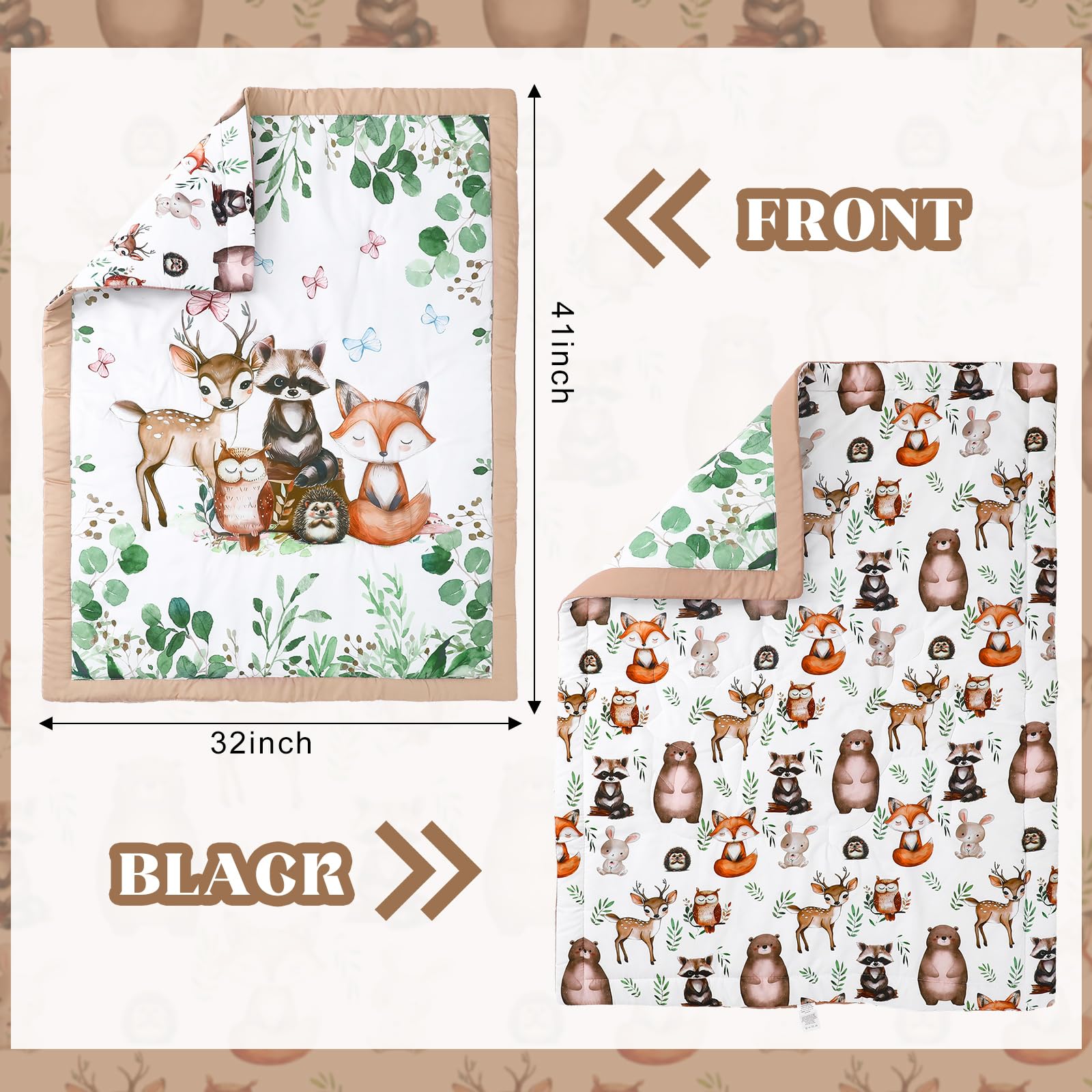 Hahafelt safari crib quilt back shows playful pattern for visual stimulation.