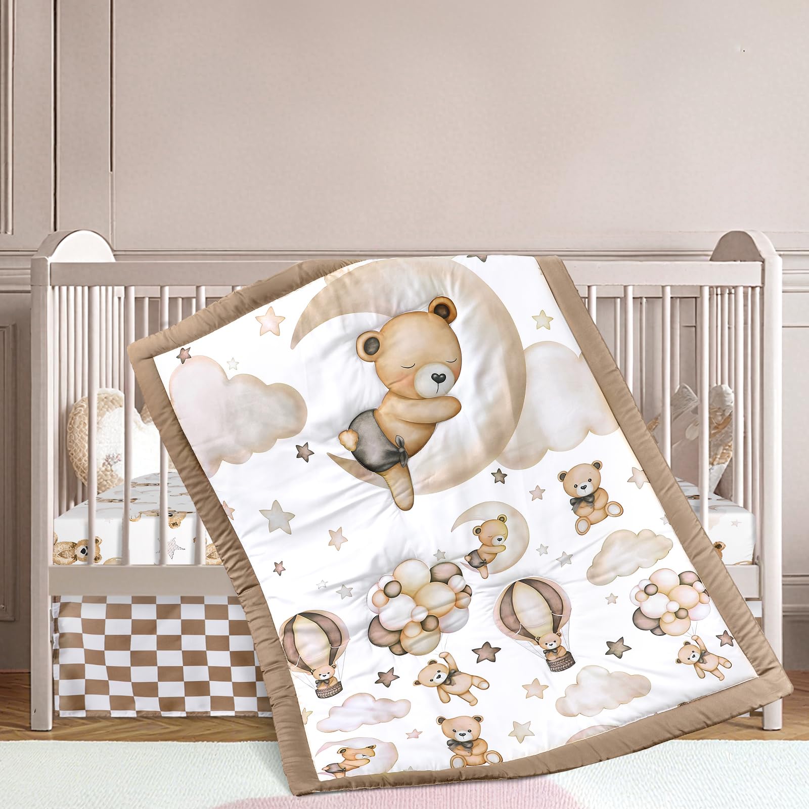 Hahafelt teddy bear crib quilt with moon and stars for a soothing nursery setting