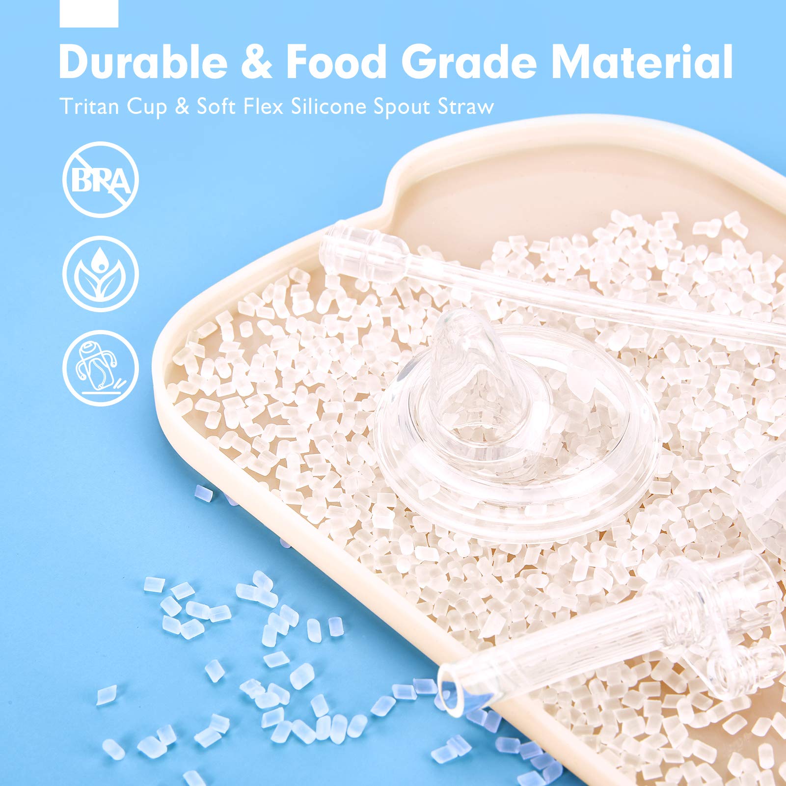 Hahaland no-spill cap keeps spout clean during on-the-go meals.