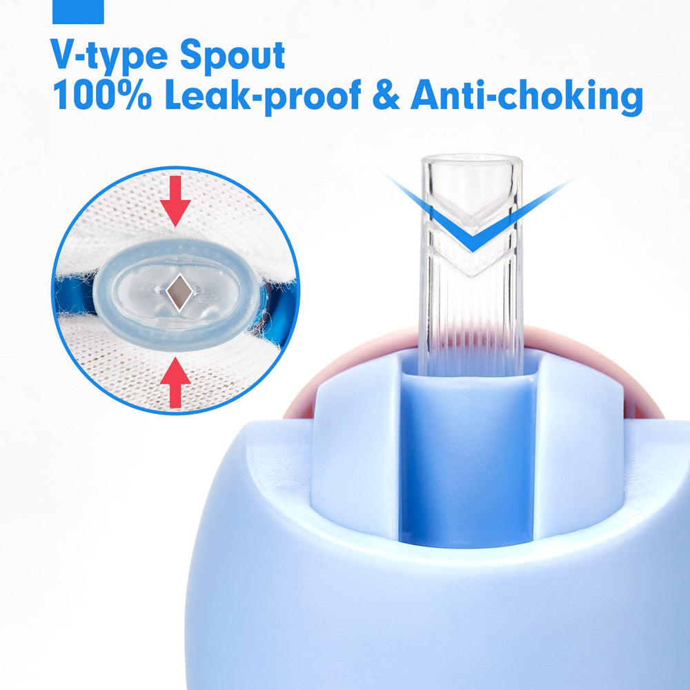 Hahaland soft silicone spout and straw soothe teething gums.