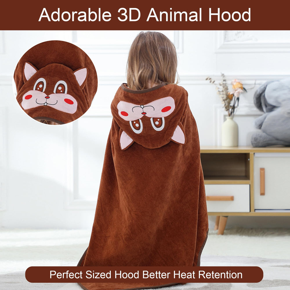 Baby dries off after bath with HAHASHOW hooded towel featuring squirrel design