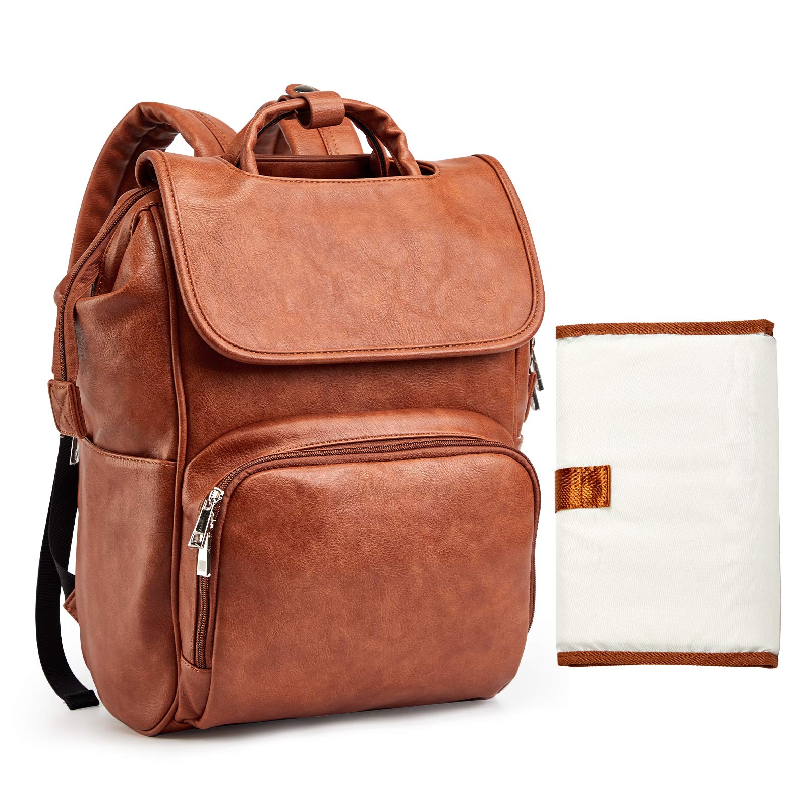 Hahasole leather diaper bag backpack with brown leather finish, front view showing spacious compartments.