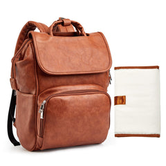 Hahasole leather diaper bag backpack with brown leather finish, front view showing spacious compartments.