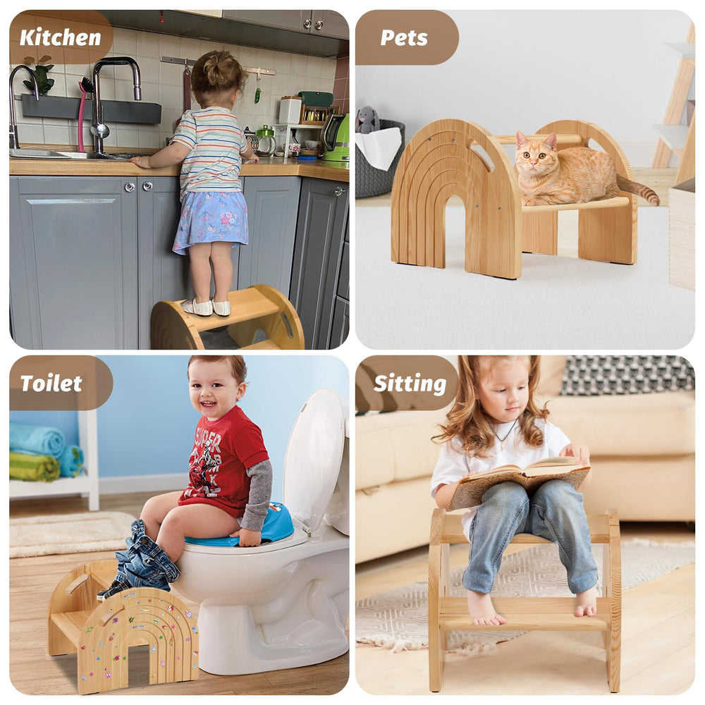 HAHASOLE rainbow toddler stool set up in bathroom and kitchen for height access