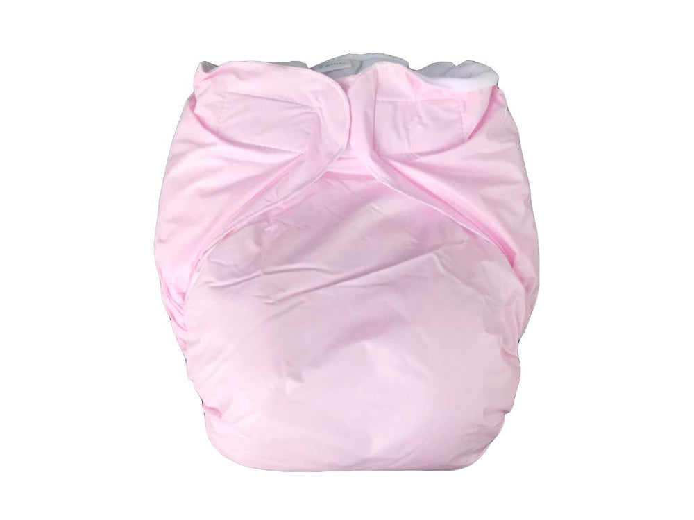 Haian AIO diaper in baby pink, side view showing durable PVC outer for everyday use.