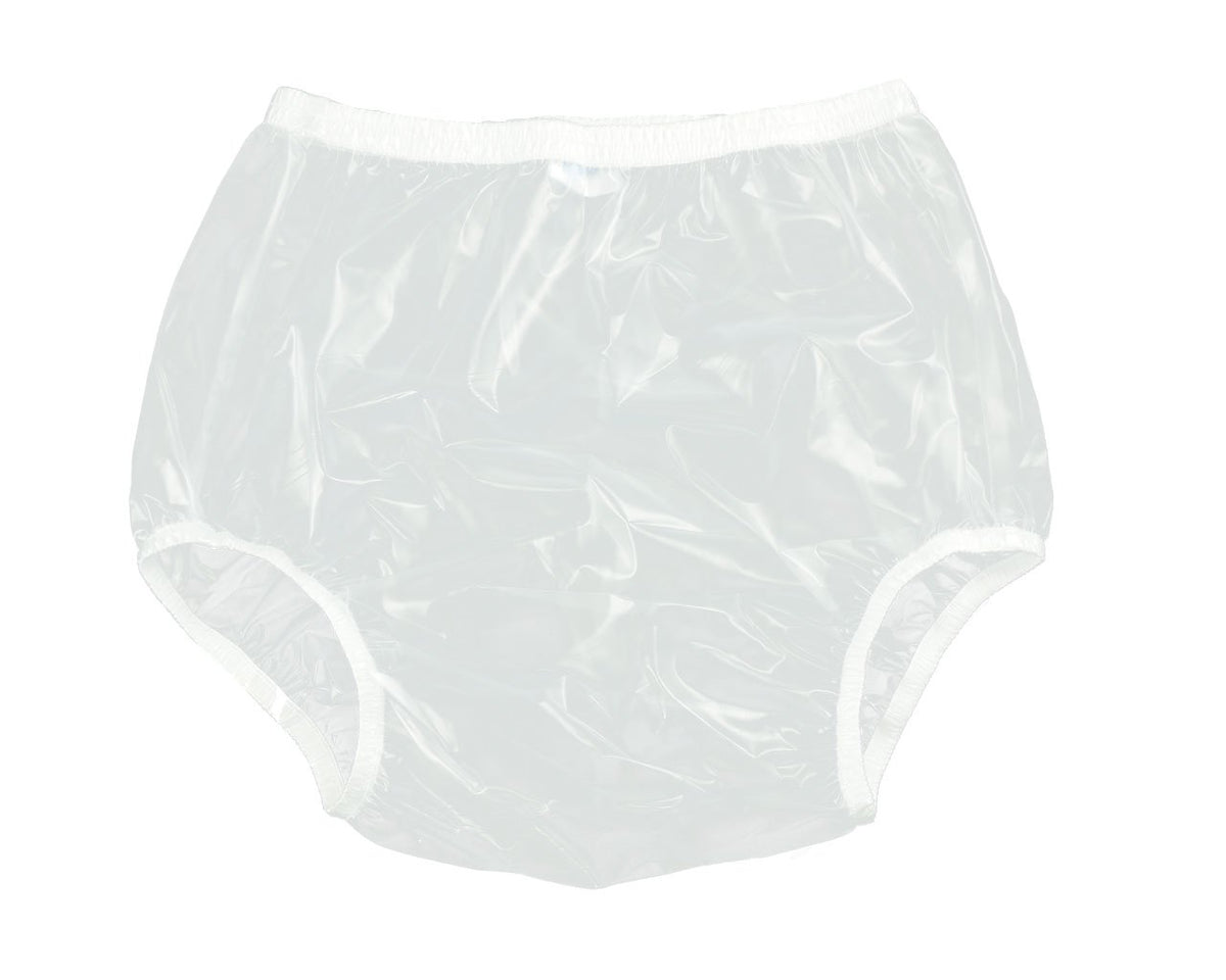 Haian adult pull-on pants in transparent PVC for dry, discreet wear.