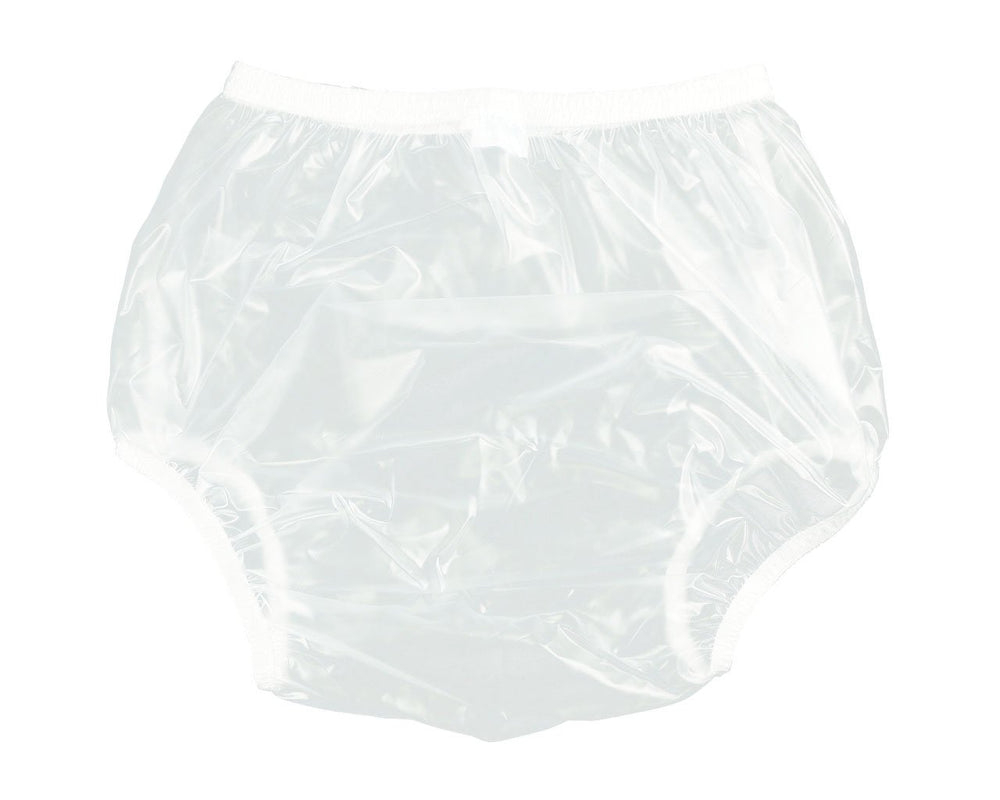 Haian X-Large pull-on plastic pants, front view in transparent white, discreet protection