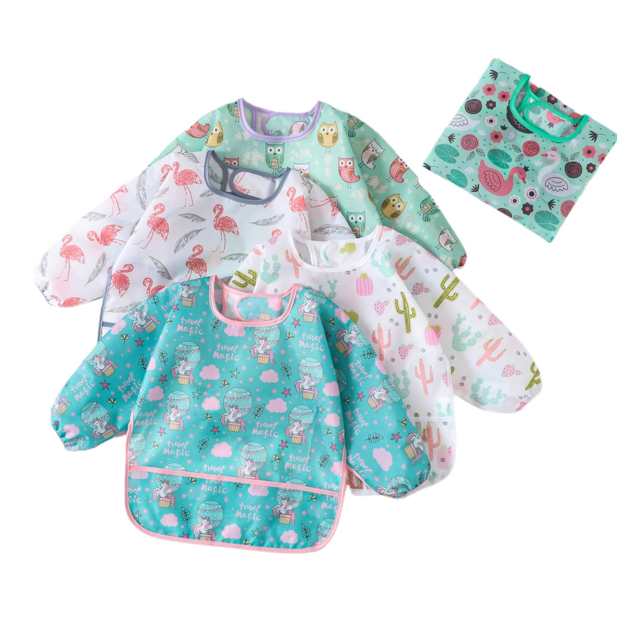 HaimoBurg 5-piece sleeved bibs protect outfits during meals with waterproof protection.