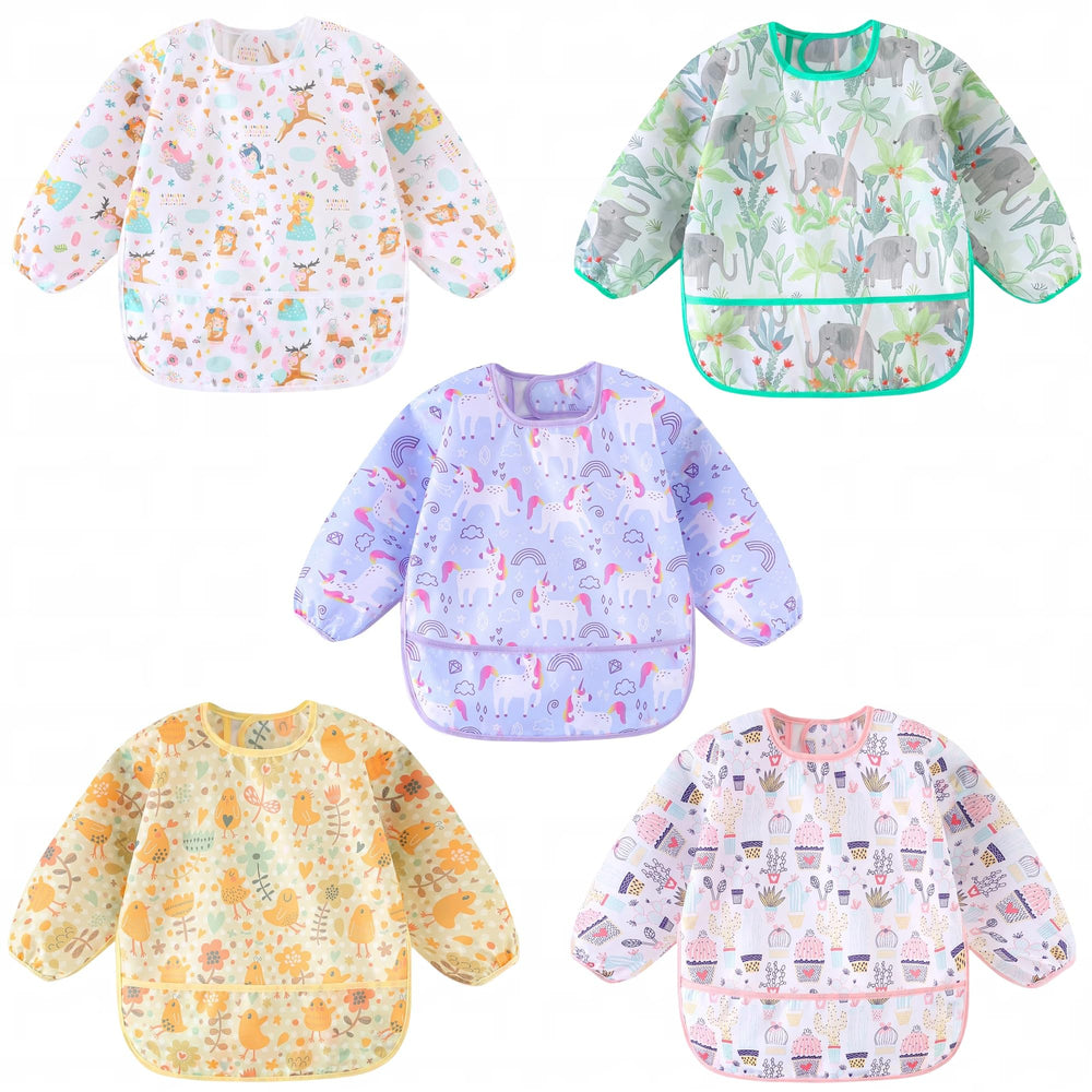 HaimoBurg long sleeved bib with animal design helps keep meals tidy.