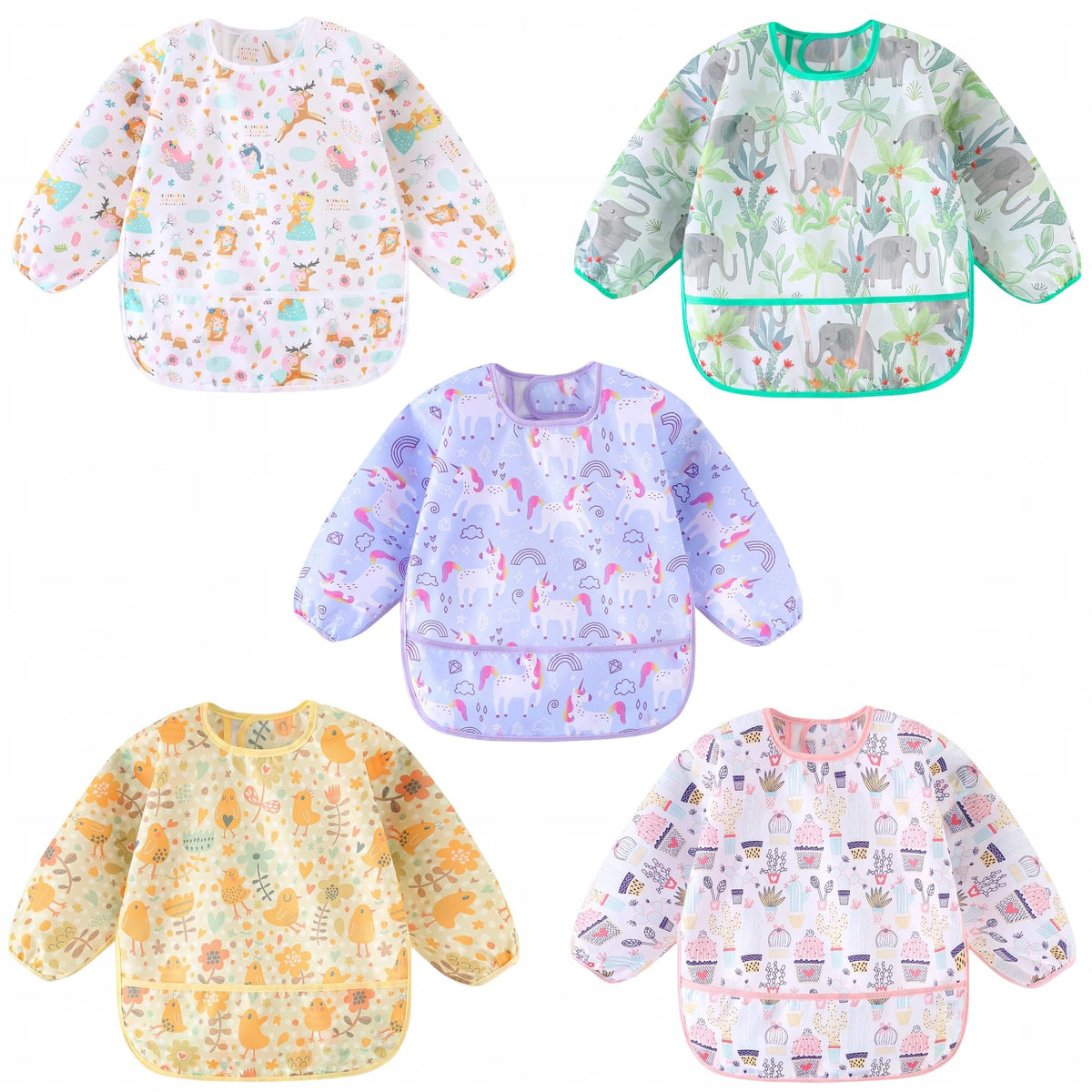 HaimoBurg long sleeved bib with animal design helps keep meals tidy.