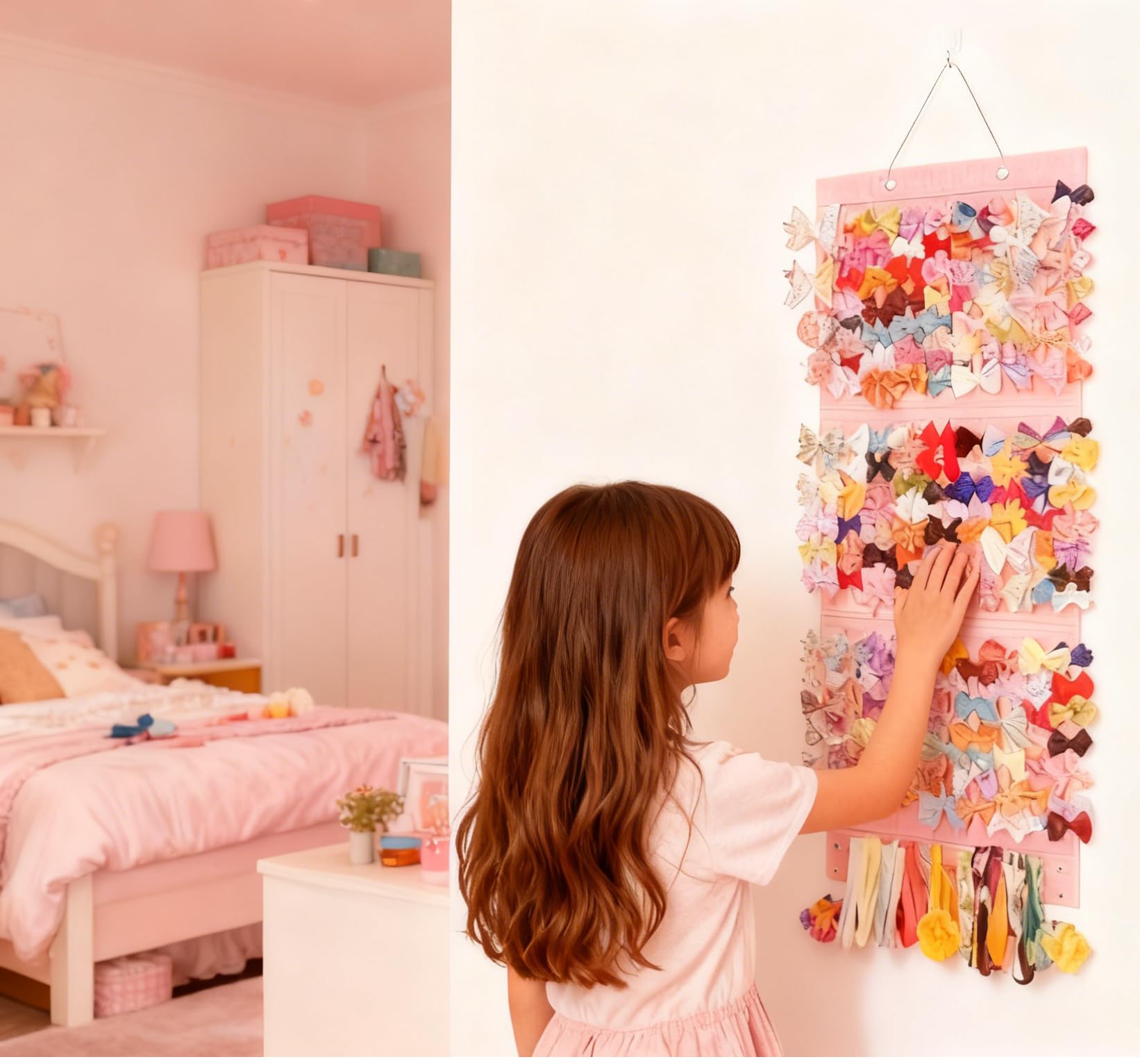 Hair Bows Organizer with clips and headbands storage in nursery décor.