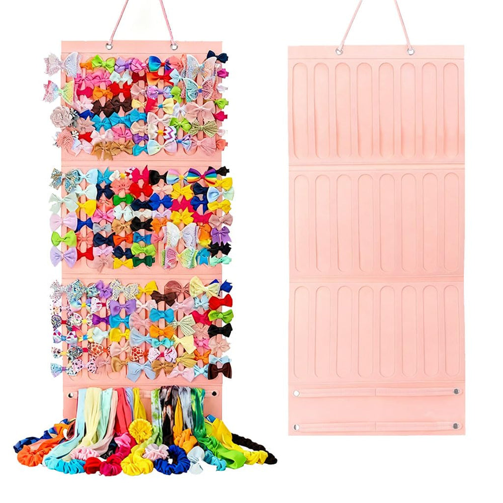 Hair Bows Organizer for Girls pink hanging display storing 150+ bows and 20+ headbands.