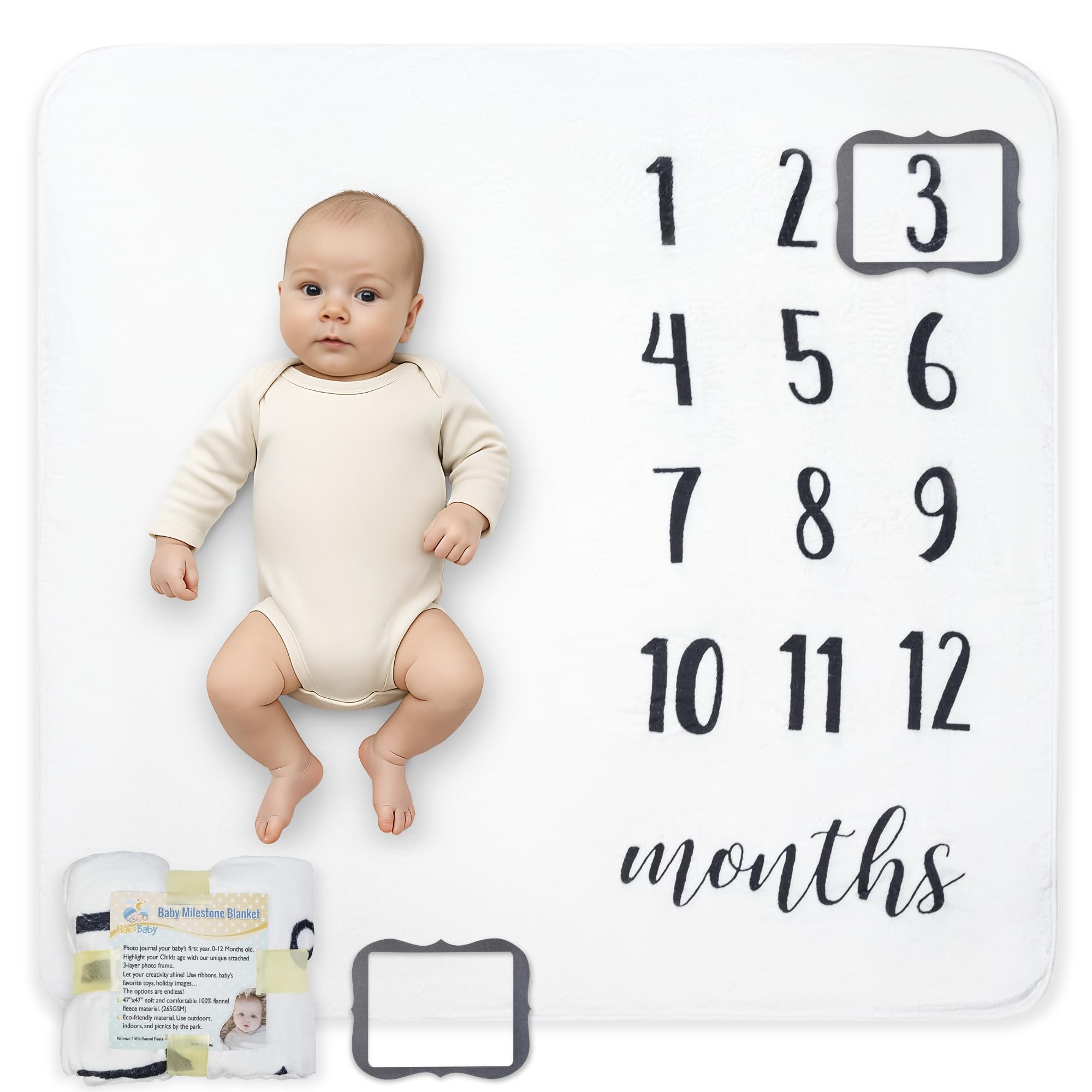 HakoBaby milestone blanket with 47x47 inch surface for growing baby portraits.