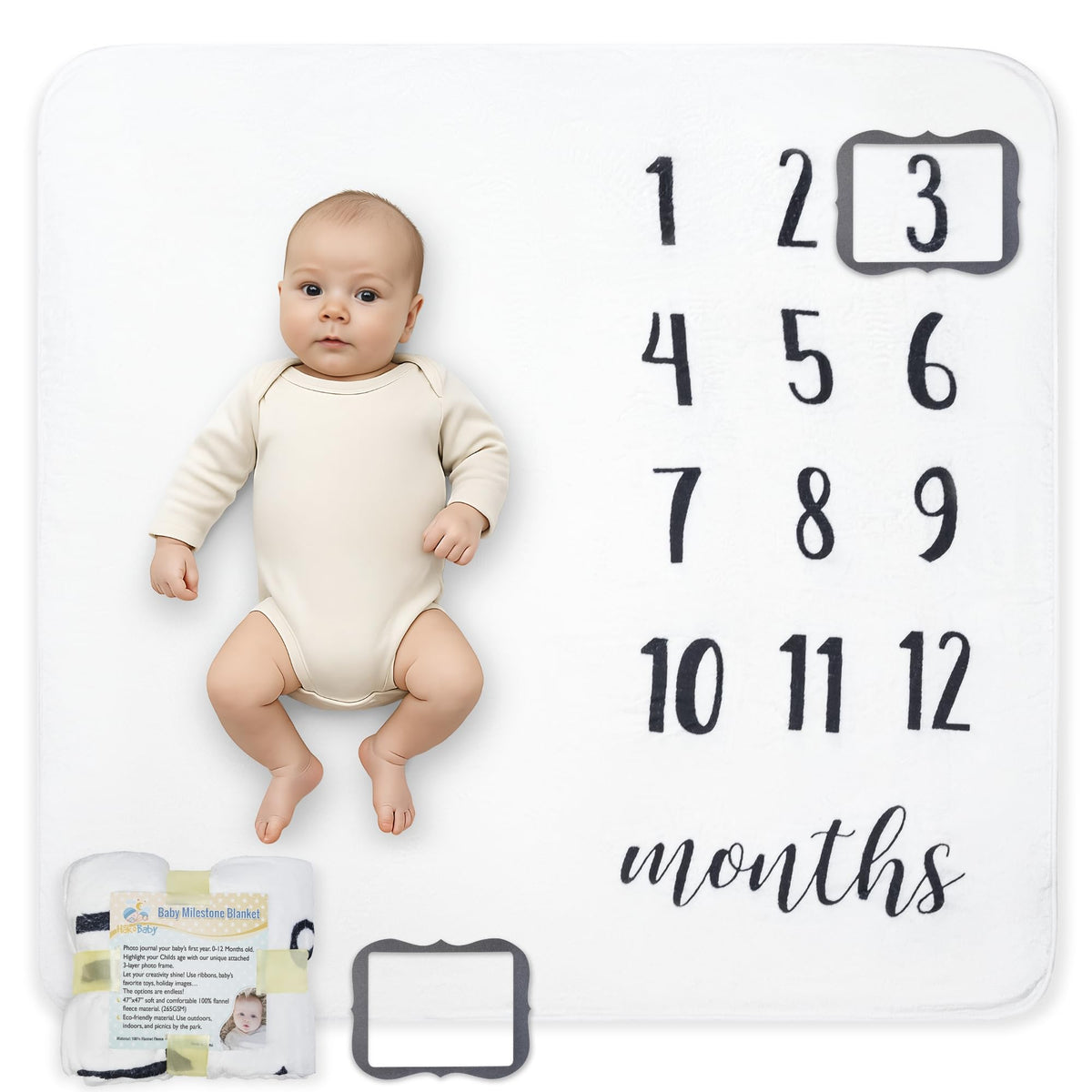 HakoBaby milestone blanket with 47x47 inch surface for growing baby portraits.