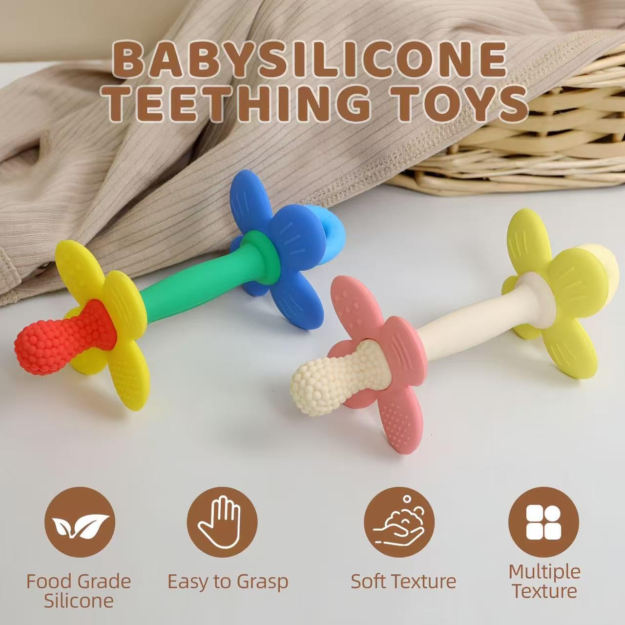 HALAA VAUVA teether features soft silicone handle for easy grasp
